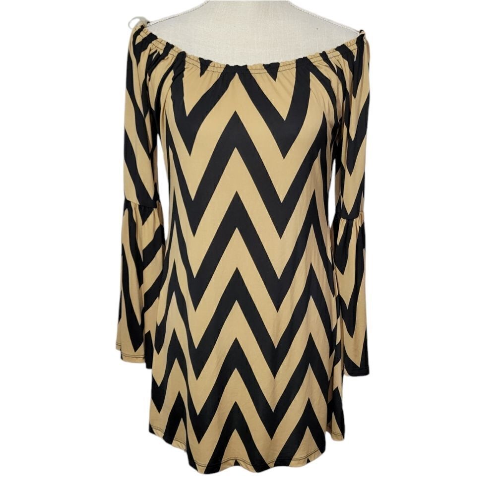 Yahada chevron off shoulder dress with bell sleeves